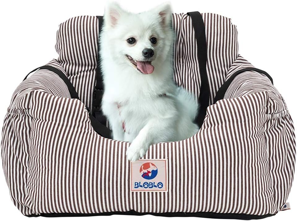 Dog Car Seat Booster with Storage Pocket – Elevated Pet Travel Safety Seat Bed for Small & Medium Dogs, Coffee Stripe