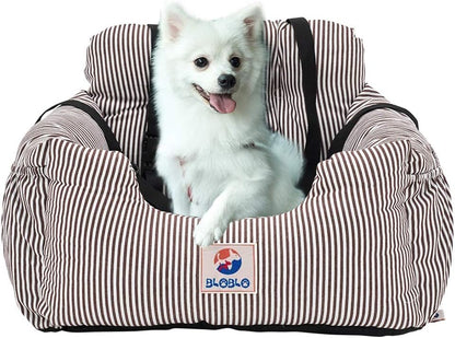 Dog Car Seat Booster with Storage Pocket – Elevated Pet Travel Safety Seat Bed for Small & Medium Dogs, Coffee Stripe