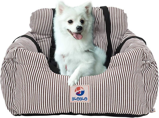 Dog Car Seat Booster with Storage Pocket – Elevated Pet Travel Safety Seat Bed for Small & Medium Dogs, Coffee Stripe