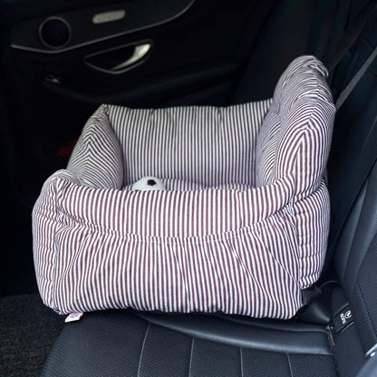 Dog Car Seat Booster with Storage Pocket – Elevated Pet Travel Safety Seat Bed for Small & Medium Dogs, Coffee Stripe