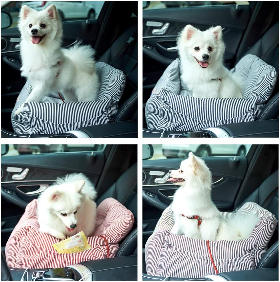 Dog Car Seat Booster with Storage Pocket – Elevated Pet Travel Safety Seat Bed for Small & Medium Dogs, Coffee Stripe
